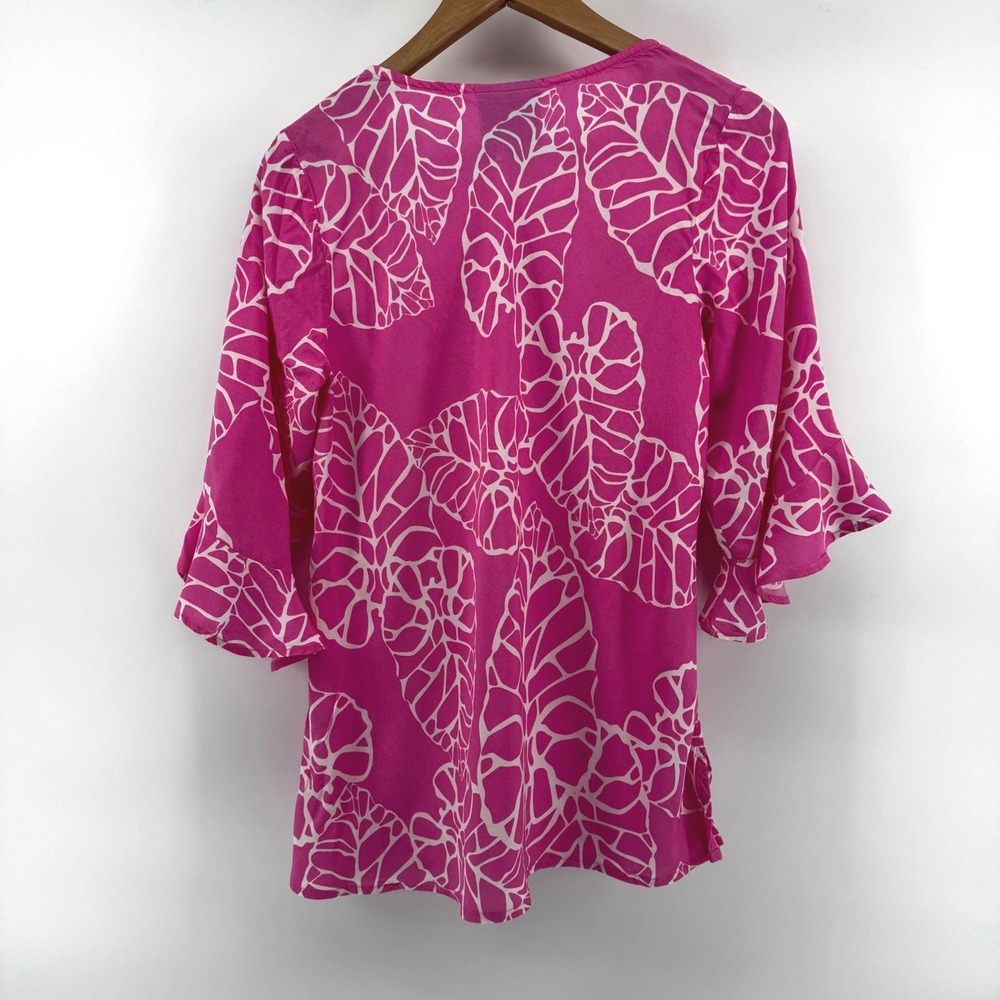 Escapada Womens M Pink White Leaf Print Ruffle Bell Sleeve Rayon Top Resort Wear - Picture 5 of 8